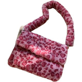 Winter Vintage Pink Leopard Underarm Bag Soft Warm Fur Tote Purse