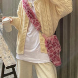 Winter Vintage Pink Leopard Underarm Bag Soft Warm Fur Tote Purse