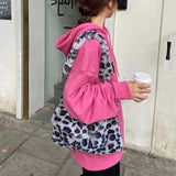 Winter Vintage Pink Leopard Underarm Bag Soft Warm Fur Tote Purse