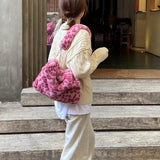 Winter Vintage Pink Leopard Underarm Bag Soft Warm Fur Tote Purse