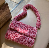 Winter Vintage Pink Leopard Underarm Bag Soft Warm Fur Tote Purse