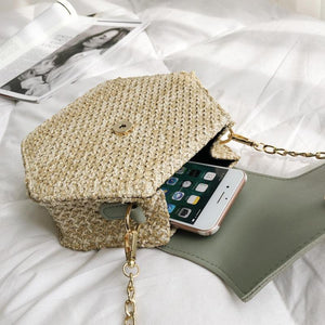 Hexagon Straw+Leather Handbag Summer Rattan Beach Shoulder Bag