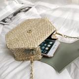 Hexagon Straw+Leather Handbag Summer Rattan Beach Shoulder Bag