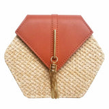 Hexagon Straw+Leather Handbag Summer Rattan Beach Shoulder Bag