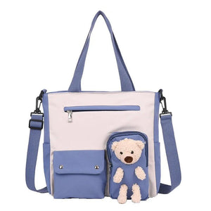 Canvas Tote Women's Shoulder Bag with Bear Pendant