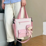 Canvas Tote Women's Shoulder Bag with Bear Pendant