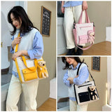 Canvas Tote Women's Shoulder Bag with Bear Pendant