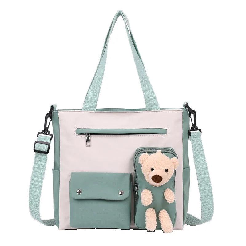 Canvas Tote Women's Shoulder Bag with Bear Pendant