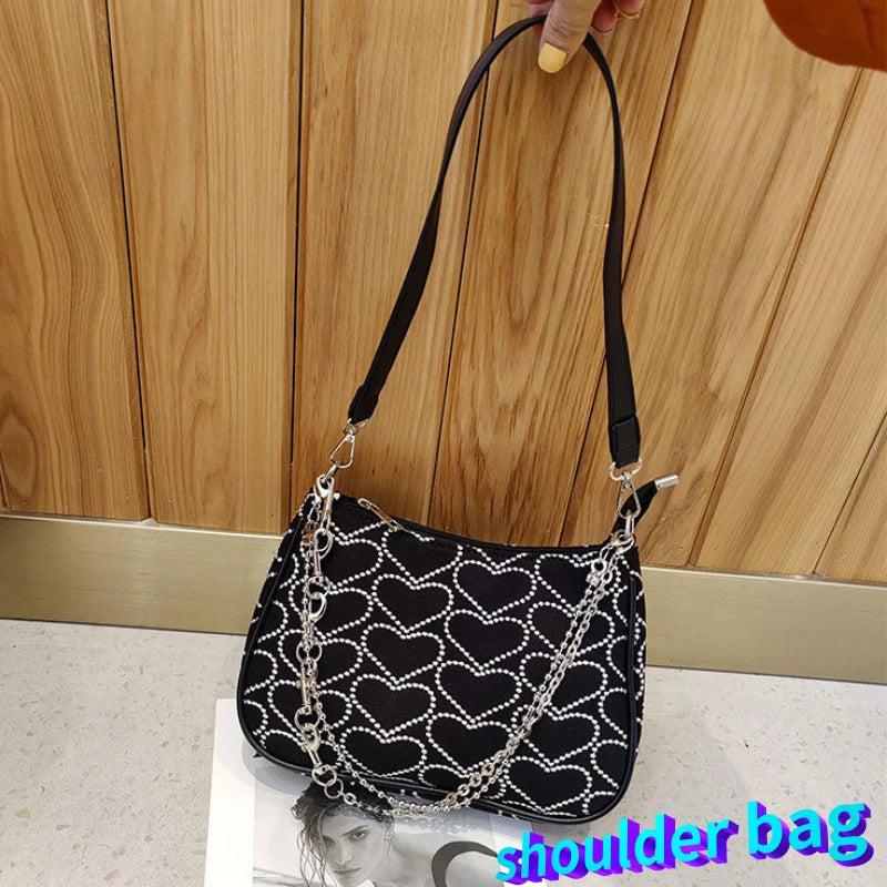 Embroidery Heart Pattern Shoulder Bag Retro Chain Crossbody