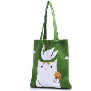 Teen Knitted Anime Cat Tote Bag Soft Handbag