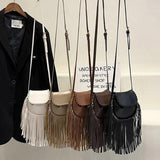 Tassel Flip Saddle Bag Leather Crossbody Shoulder Purse