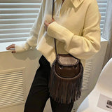 Tassel Flip Saddle Bag Leather Crossbody Shoulder Purse