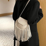 Tassel Flip Saddle Bag Leather Crossbody Shoulder Purse