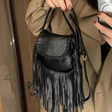 Tassel Flip Saddle Bag Leather Crossbody Shoulder Purse