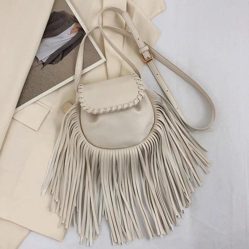 Tassel Flip Saddle Bag Leather Crossbody Shoulder Purse