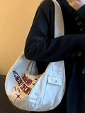 Embroidery Letter Canvas Shoulder Tote Bag Women Casual Armpit Handbag