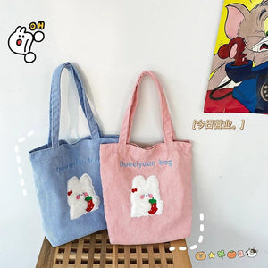 Corduroy Shoulder Bags Bear Bunny Embroidery Casual Tote Female Handbags