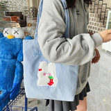 Corduroy Shoulder Bags Bear Bunny Embroidery Casual Tote Female Handbags