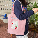 Corduroy Shoulder Bags Bear Bunny Embroidery Casual Tote Female Handbags