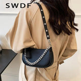 Soft Leather Crossbody Bag with Thick Chains, Rivet Shoulder Bag for Women