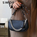 Soft Leather Crossbody Bag with Thick Chains, Rivet Shoulder Bag for Women