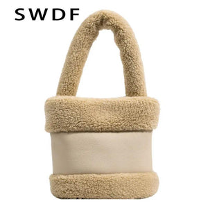 Winter Faux Fur Teddy Plush Tote Bag Small Handbag Shoulder Women Bucket Bags
