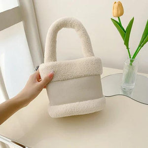 Winter Faux Fur Teddy Plush Tote Bag Small Handbag Shoulder Women Bucket Bags