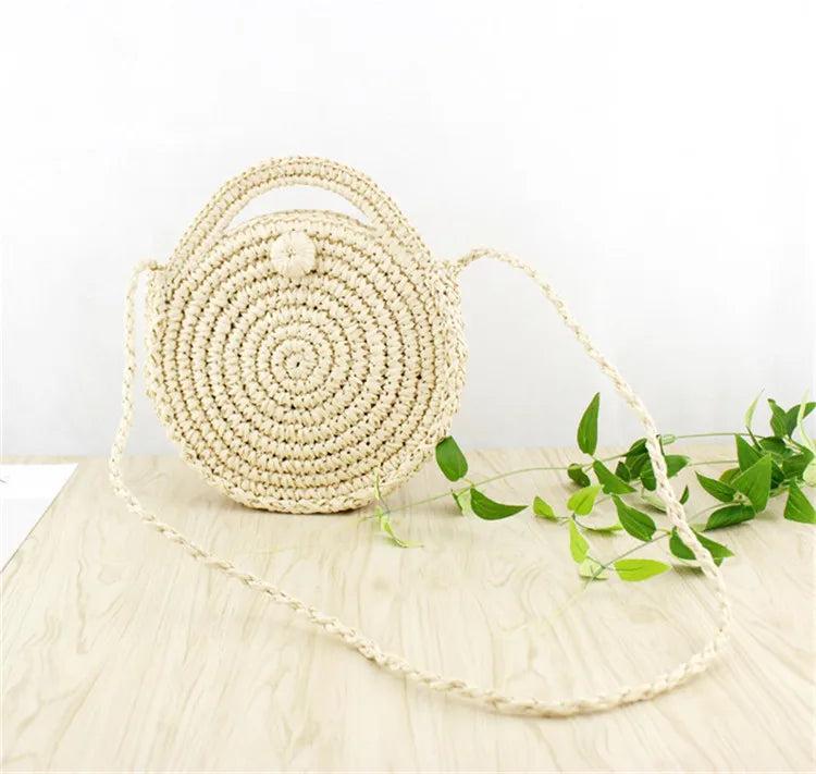 Round Straw Beach Bag Vintage Crossbody Rattan Bag Small Bohemian Shoulder
