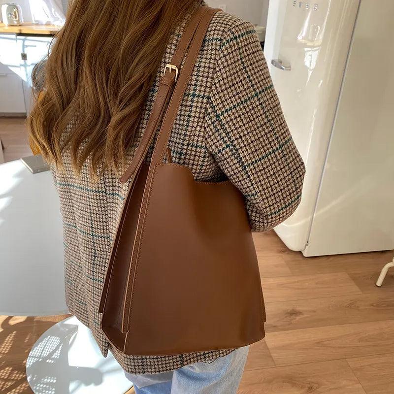 Vintage Ladies Pu Leather Shoulder Bags Underarm Bag Big Size Handbags