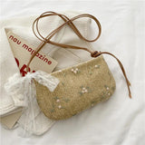 Women Straw Lace Crossbody Bag Flowers Embroidery Shoulder Messenger Bags