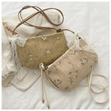 Women Straw Lace Crossbody Bag Flowers Embroidery Shoulder Messenger Bags
