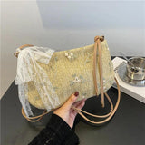 Women Straw Lace Crossbody Bag Flowers Embroidery Shoulder Messenger Bags