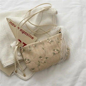 Women Straw Lace Crossbody Bag Flowers Embroidery Shoulder Messenger Bags