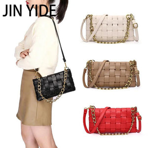 Woven Crossbody Bag Solid PU Leather Shoulder Messenger Chain Handbag