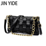 Woven Crossbody Bag Solid PU Leather Shoulder Messenger Chain Handbag