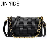 Woven Crossbody Bag Solid PU Leather Shoulder Messenger Chain Handbag