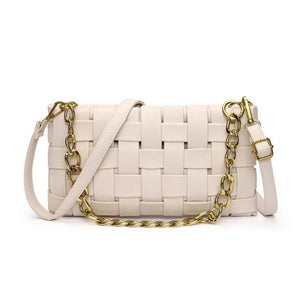 Woven Crossbody Bag Solid PU Leather Shoulder Messenger Chain Handbag