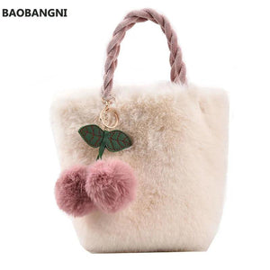 Cherry Fluffy Chain Plush Tote Bag Soft Furry Handbag Fur Shoulder Bags