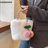 Cherry Fluffy Chain Plush Tote Bag Soft Furry Handbag Fur Shoulder Bags