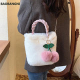 Cherry Fluffy Chain Plush Tote Bag Soft Furry Handbag Fur Shoulder Bags
