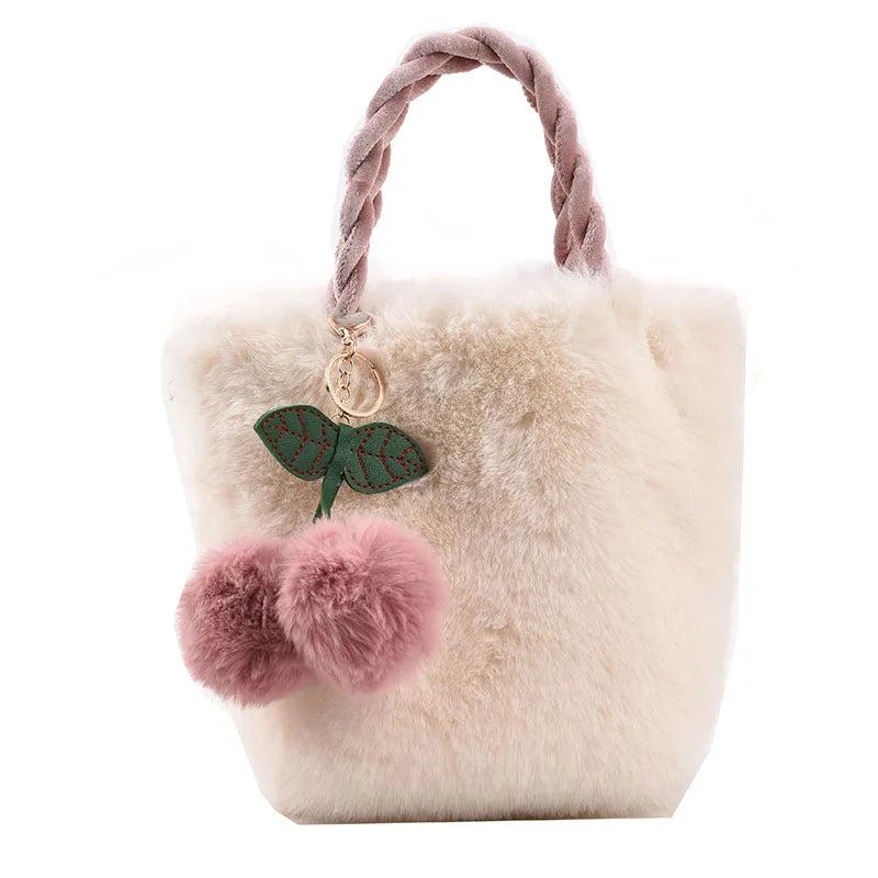 Cherry Fluffy Chain Plush Tote Bag Soft Furry Handbag Fur Shoulder Bags