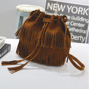 Faux Suede Fringe Women Messenger Bag Tassel Shoulder Handbag Bucket