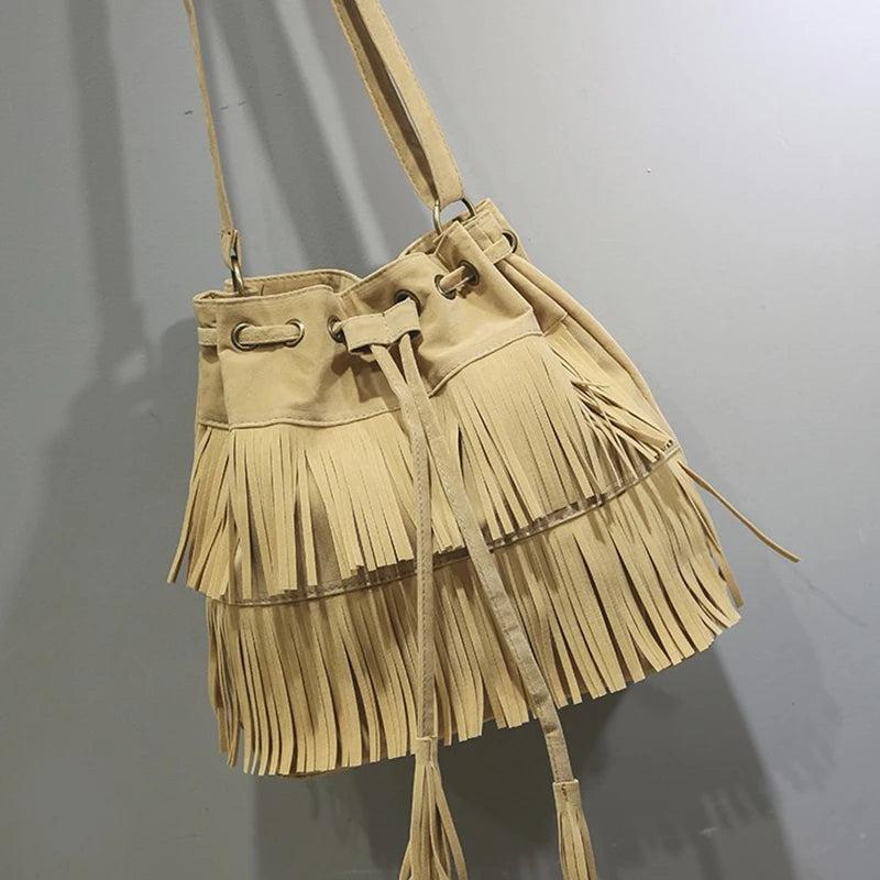 Faux Suede Fringe Women Messenger Bag Tassel Shoulder Handbag Bucket