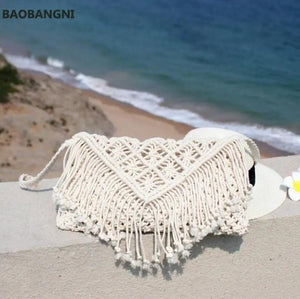 Tassel Straw Beach Bag Large Clamshell Hand-Woven Cotton Messenger Bag