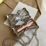 Metal Bow Shape Chain Shoulder Bag Silver Clutch for Women