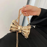 Metal Bow Shape Chain Shoulder Bag Silver Clutch for Women