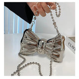 Metal Bow Shape Chain Shoulder Bag Silver Clutch for Women