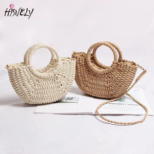 Mini Hollow Out Beach Bag Weaving Wood Top-handle Handbags Ladies Round Straw Ba