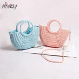 Mini Hollow Out Beach Bag Weaving Wood Top-handle Handbags Ladies Round Straw Ba