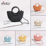 Mini Hollow Out Beach Bag Weaving Wood Top-handle Handbags Ladies Round Straw Ba
